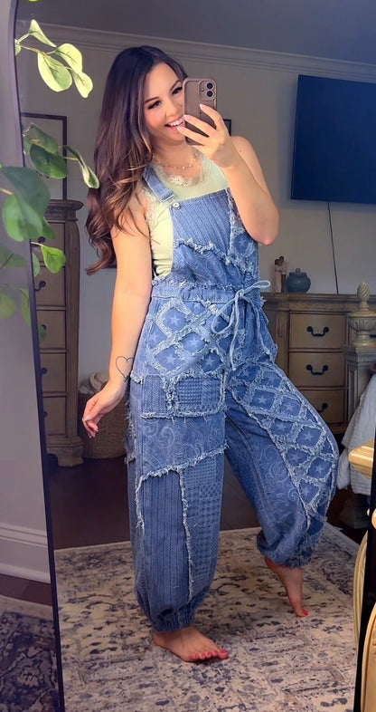 POL Vintage-inspired patchwork denim overalls
