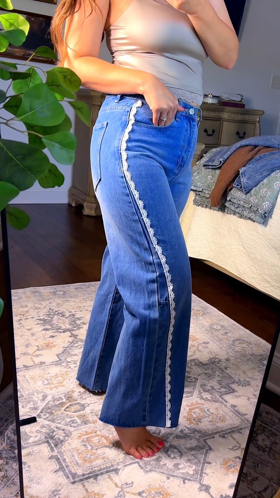 Lace Side Line Detail Barrel Denim Pants