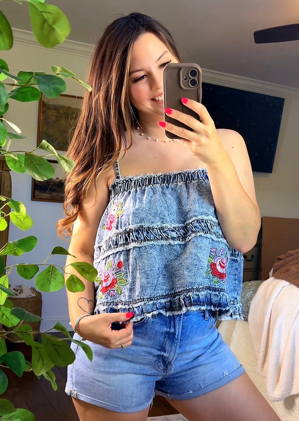 Denim with Floral Embroidery Top