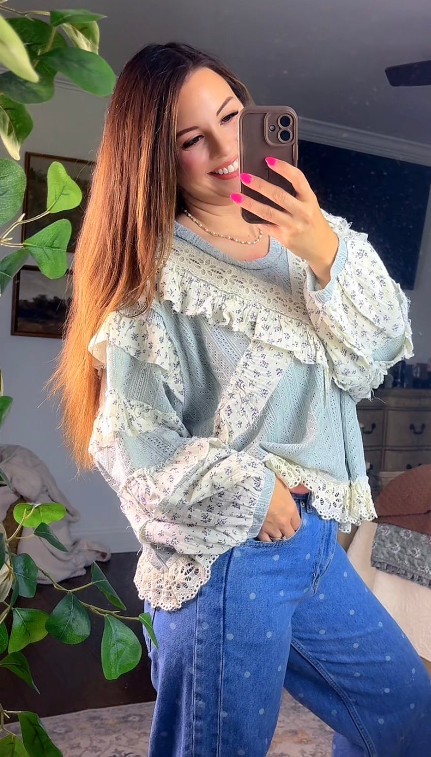 Eyelet Embroidery Ruffle Accents Top