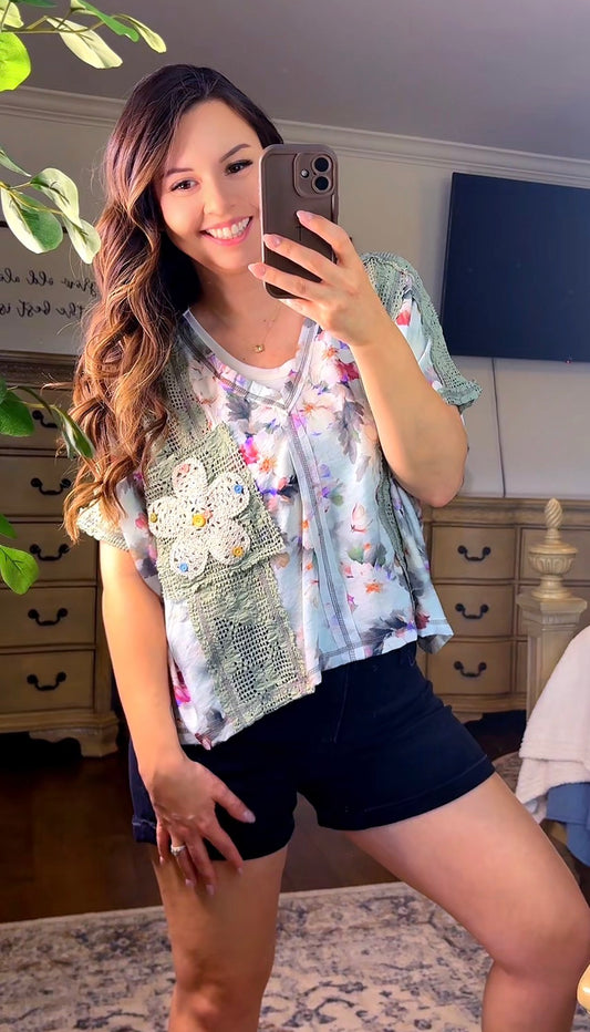 POL Floral with Crochet Detail Top