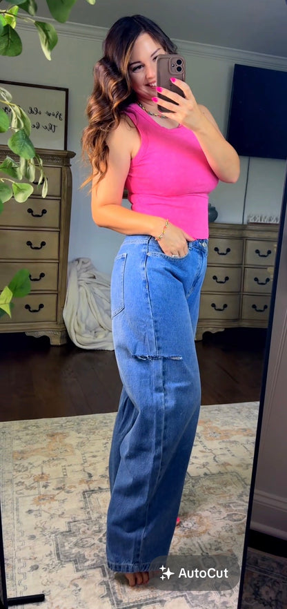 Side Slit Barrel Jeans