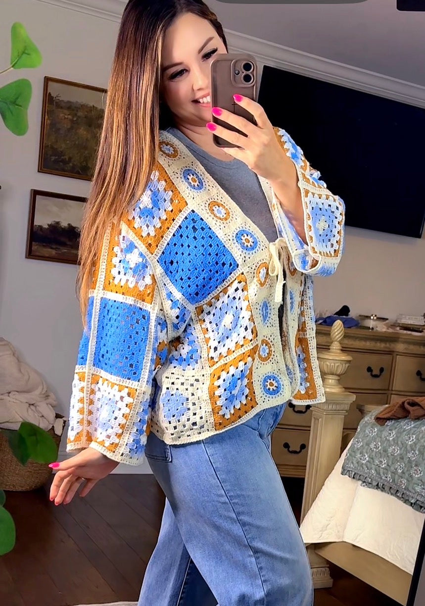 POL Blue Multi Color Crochet Cardigan