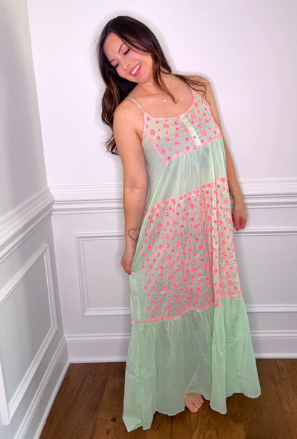 Pol Green with Pink Florals Maxi Dress