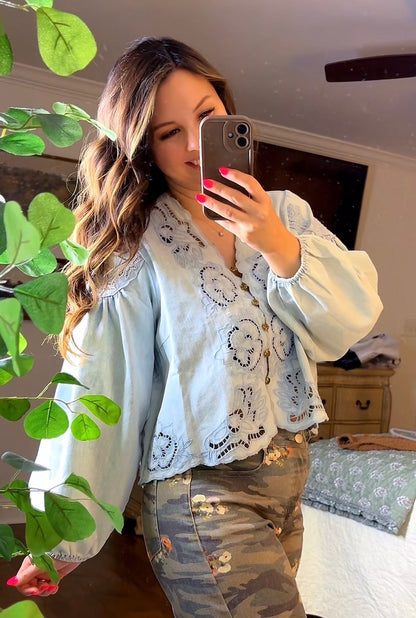 Denim Embroidery Volume Sleeve Top