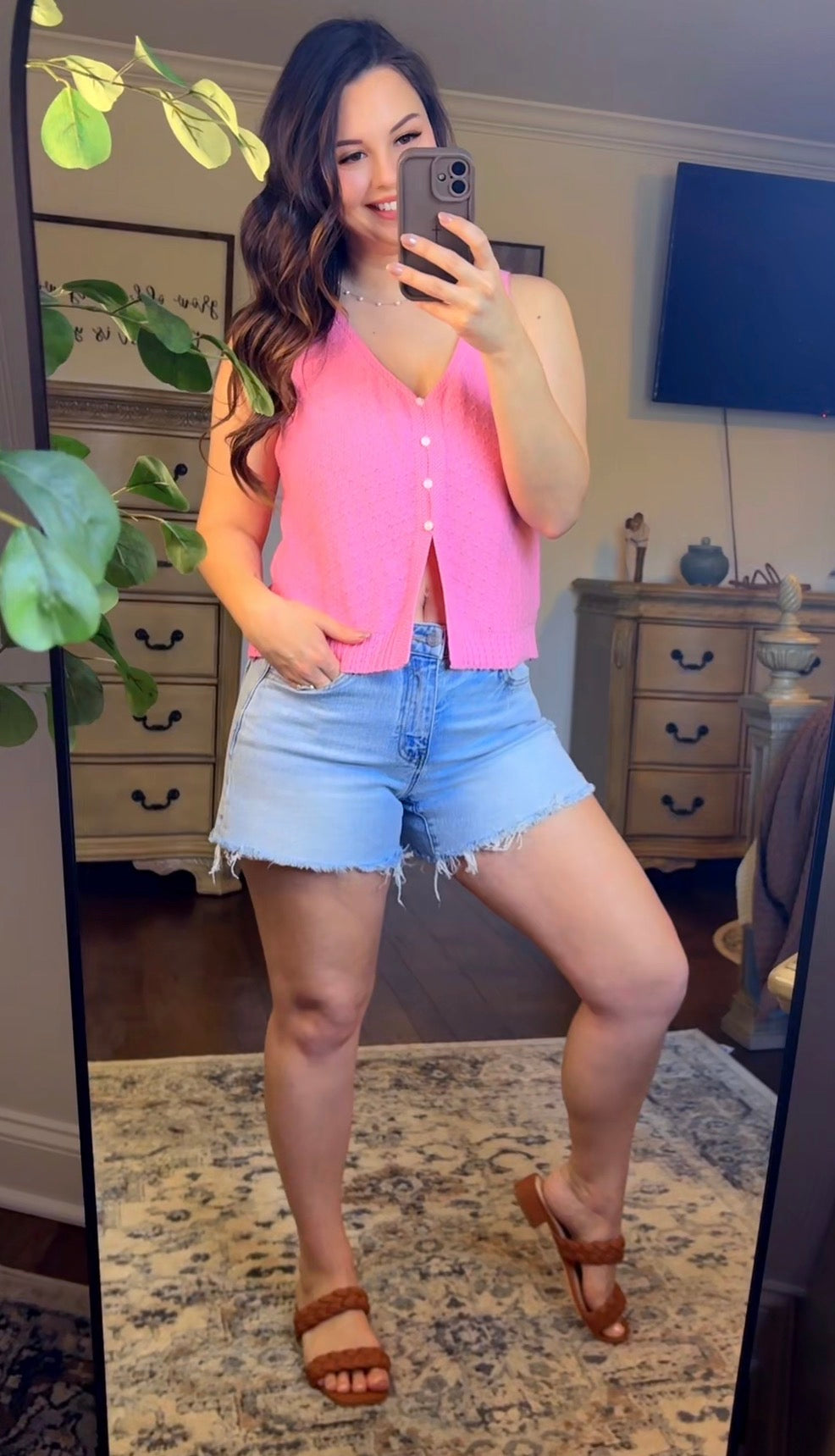 Wishlist Pink Crochet Button Tank