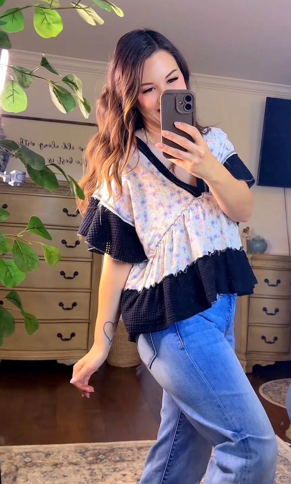 Black Pol Floral Ruffle Top