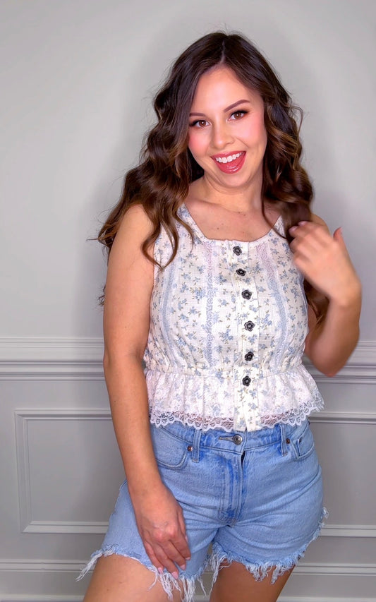 POL floral button down lace trimmed tank