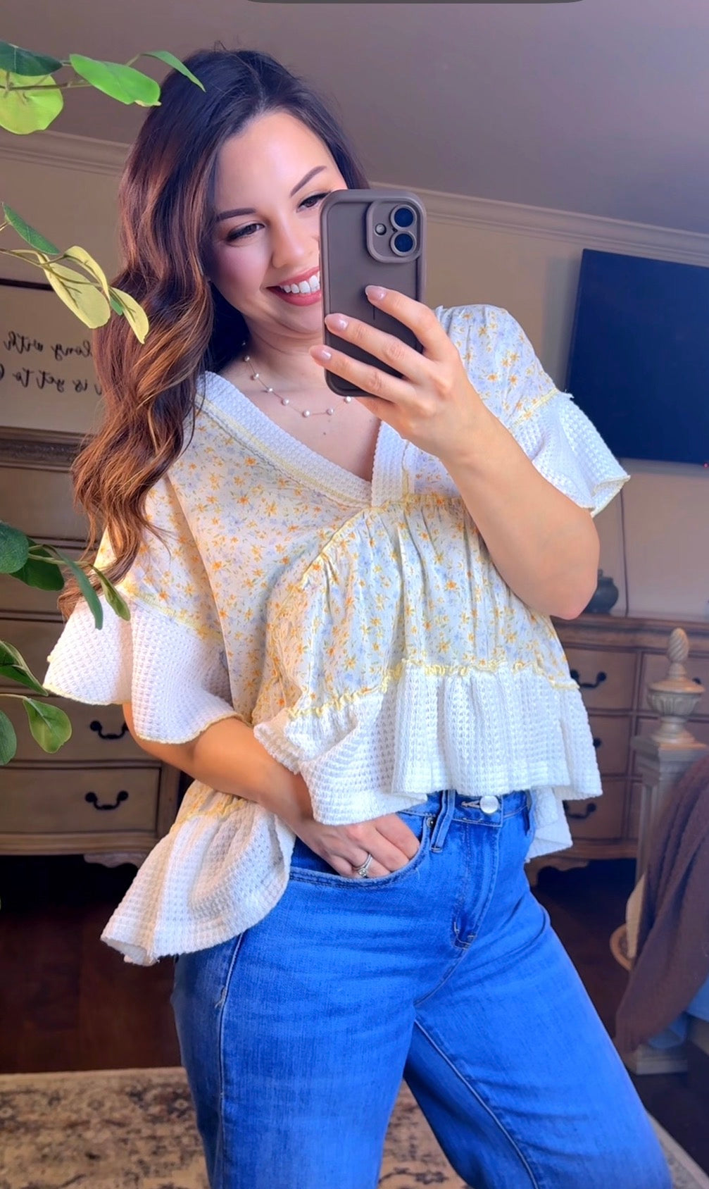 White with floral detail Waffle Knit Top