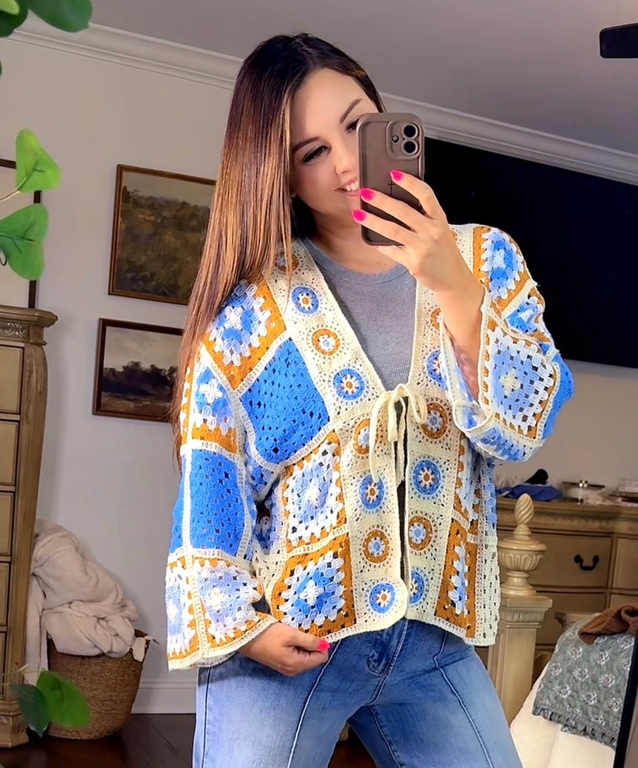 POL Blue Multi Color Crochet Cardigan