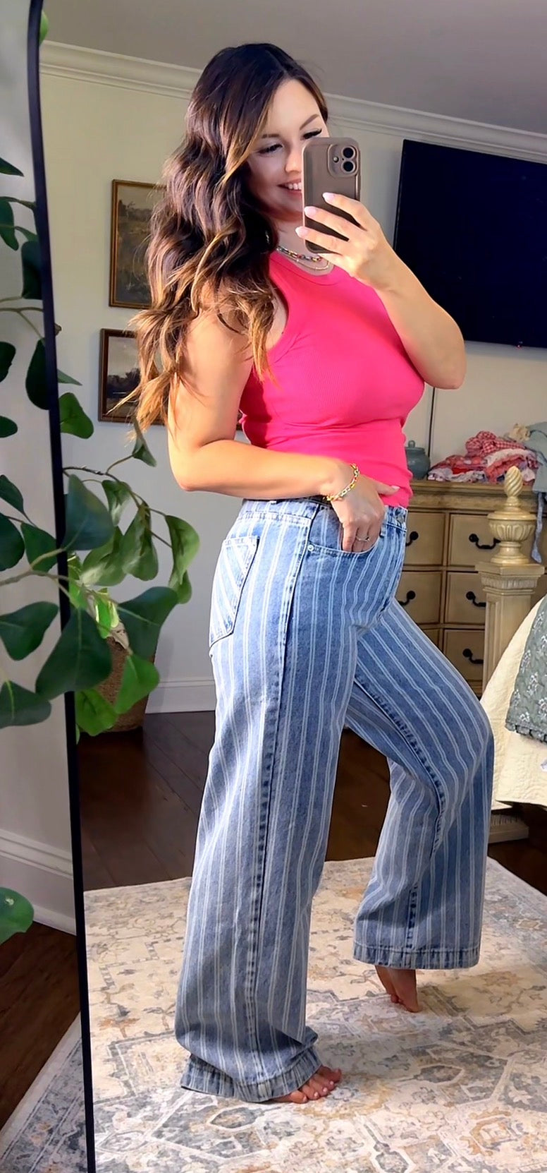 Striped Light Wash Straight Denim Jeans
