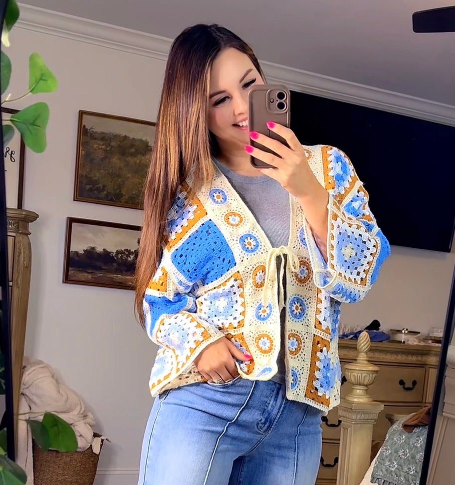 POL Blue Multi Color Crochet Cardigan
