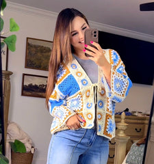 POL Blue Multi Color Crochet Cardigan