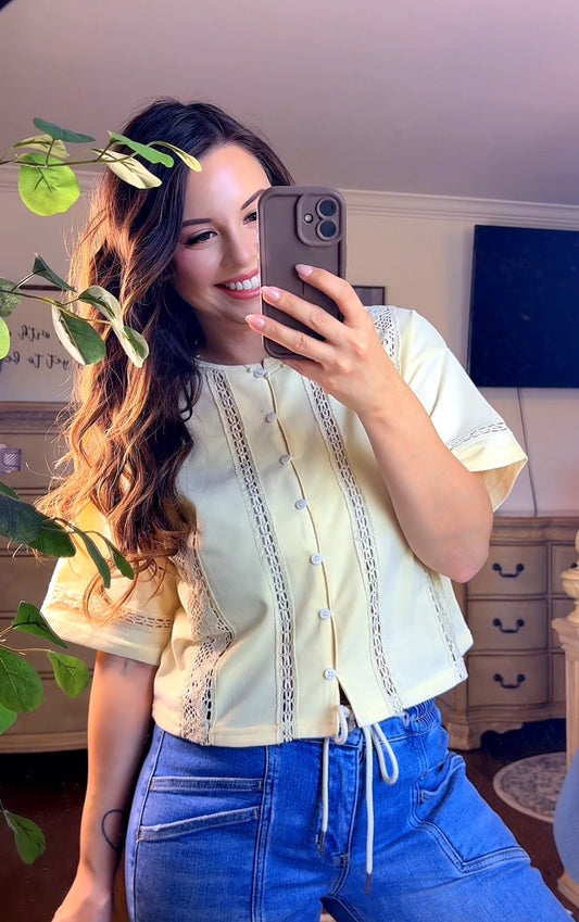 LACE TRIM BUTTON-UP KNIT TOP