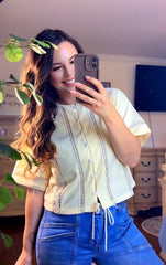 LACE TRIM BUTTON-UP KNIT TOP