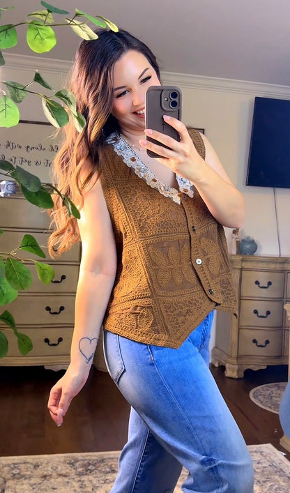 Crochet Floral Button Down Vest