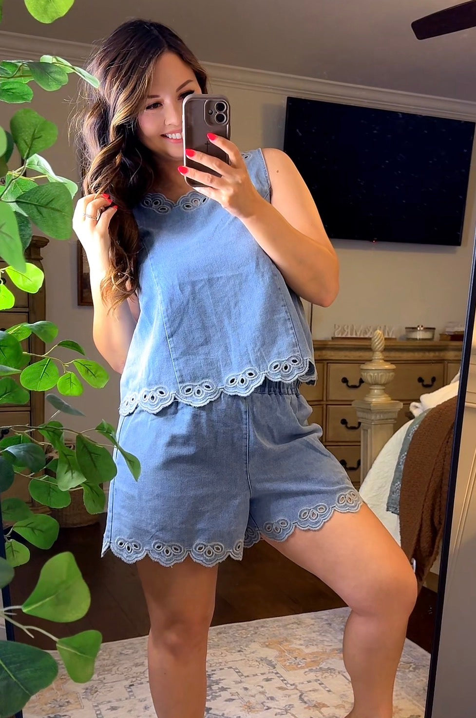 Embroidered Sleeveless Denim Top and Short Set