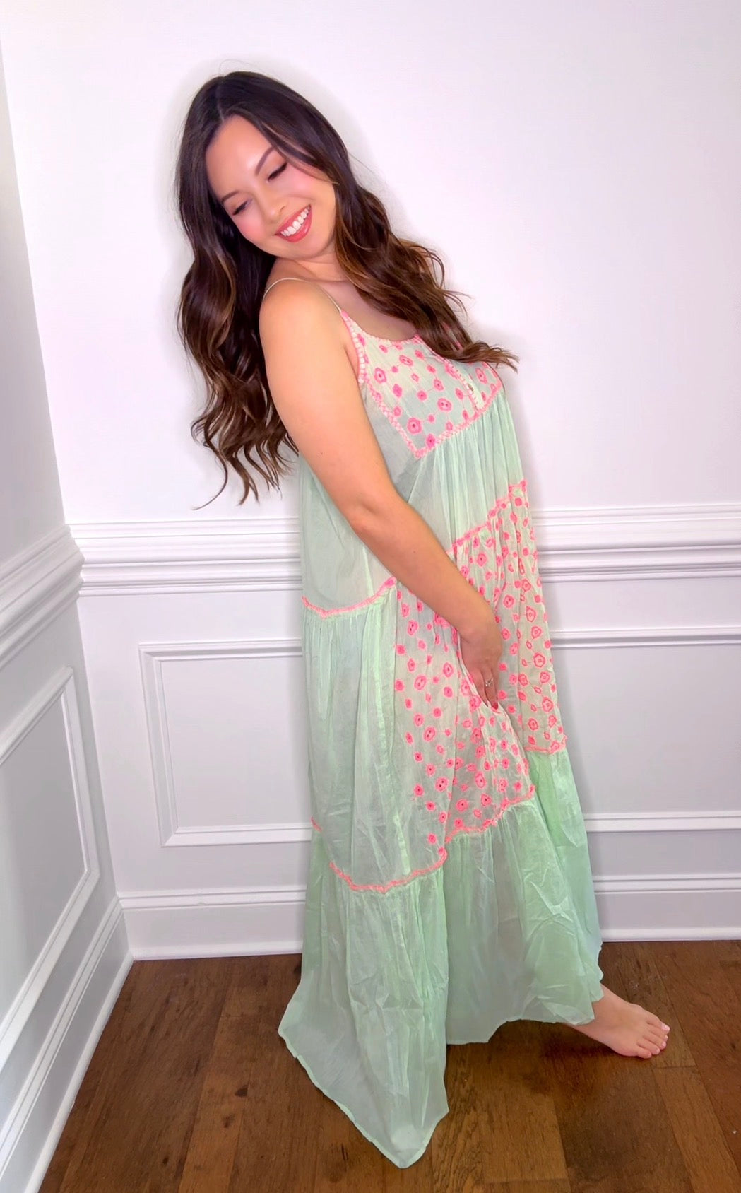 Pol Green with Pink Florals Maxi Dress