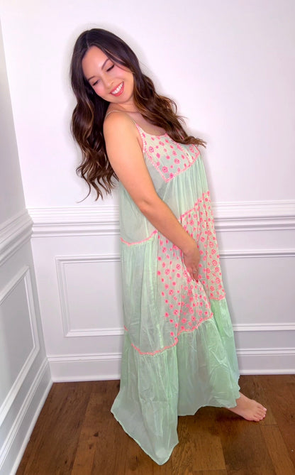 Pol Green with Pink Florals Maxi Dress