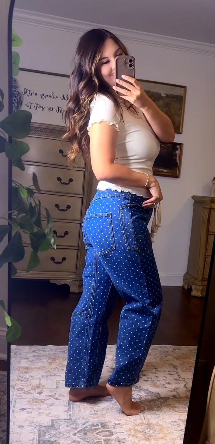 Polka Dot Barrel Denim Pants With Eyelet Waist