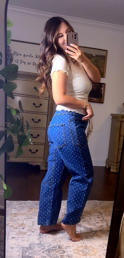 Polka Dot Barrel Denim Pants With Eyelet Waist