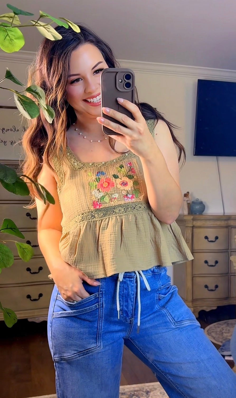 Square Neck Pearl Detail Floral Tank