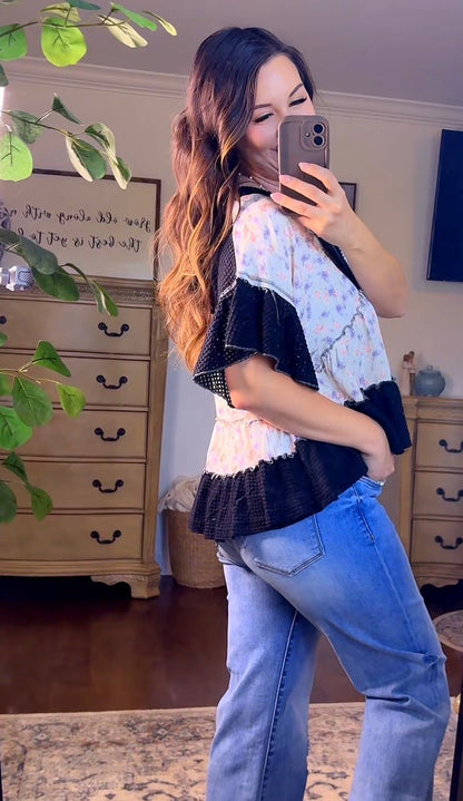 Black Pol Floral Ruffle Top