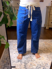Polka Dot Barrel Denim Pants With Eyelet Waist