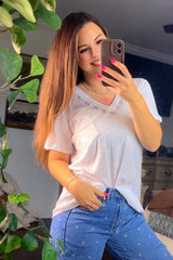 V-neck Contrast Hand-Stitch Detail Top (2 colors)