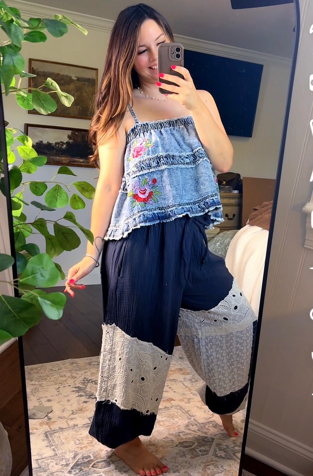 Denim with Floral Embroidery Top