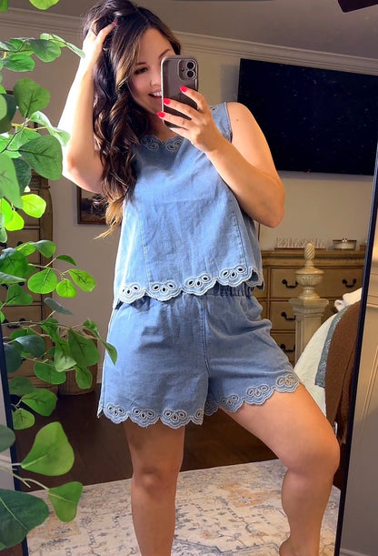 Embroidered Sleeveless Denim Top and Short Set