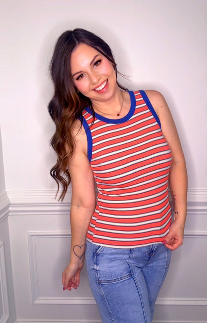 Coral and Blue Stripe Tank