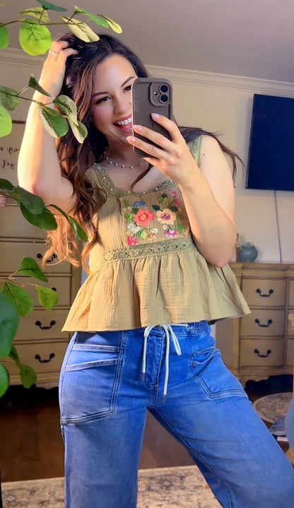 Square Neck Pearl Detail Floral Tank