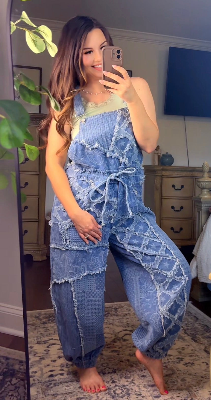 POL Vintage-inspired patchwork denim overalls