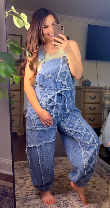 POL Vintage-inspired patchwork denim overalls