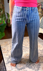Striped Light Wash Straight Denim Jeans