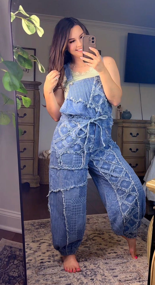 POL Vintage-inspired patchwork denim overalls