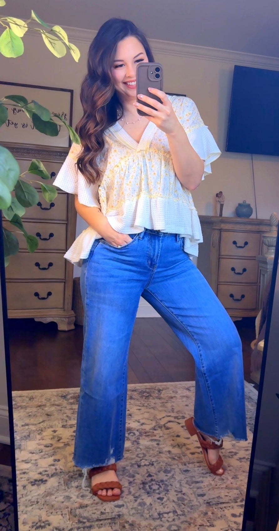 White with floral detail Waffle Knit Top