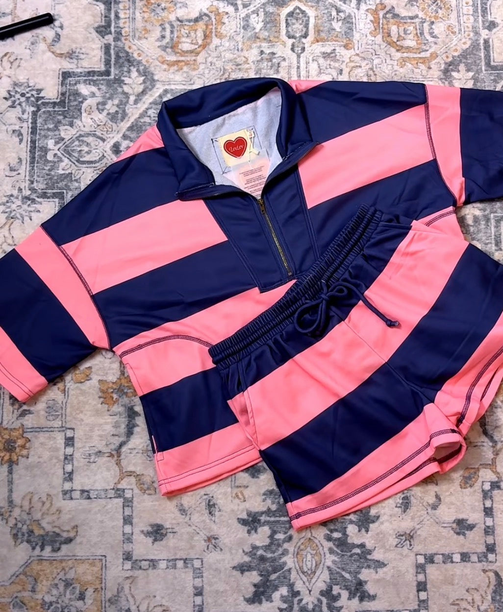 Striped Half Zip Top and Short Set (3 colors)