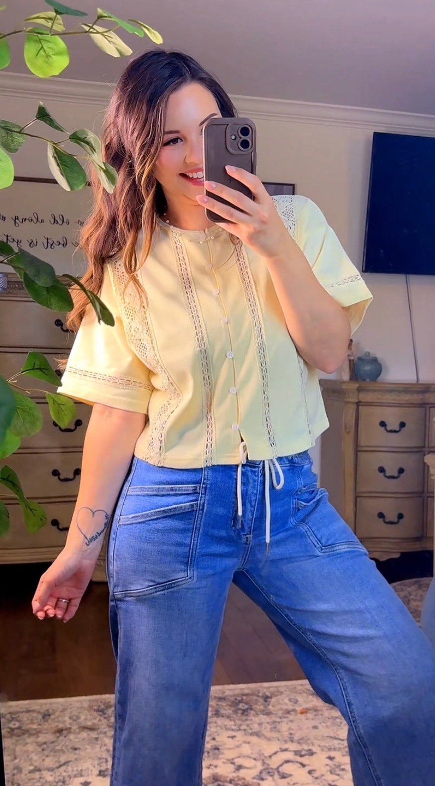 LACE TRIM BUTTON-UP KNIT TOP