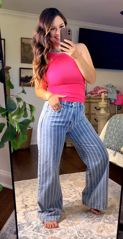 Striped Light Wash Straight Denim Jeans