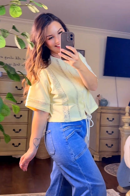 LACE TRIM BUTTON-UP KNIT TOP