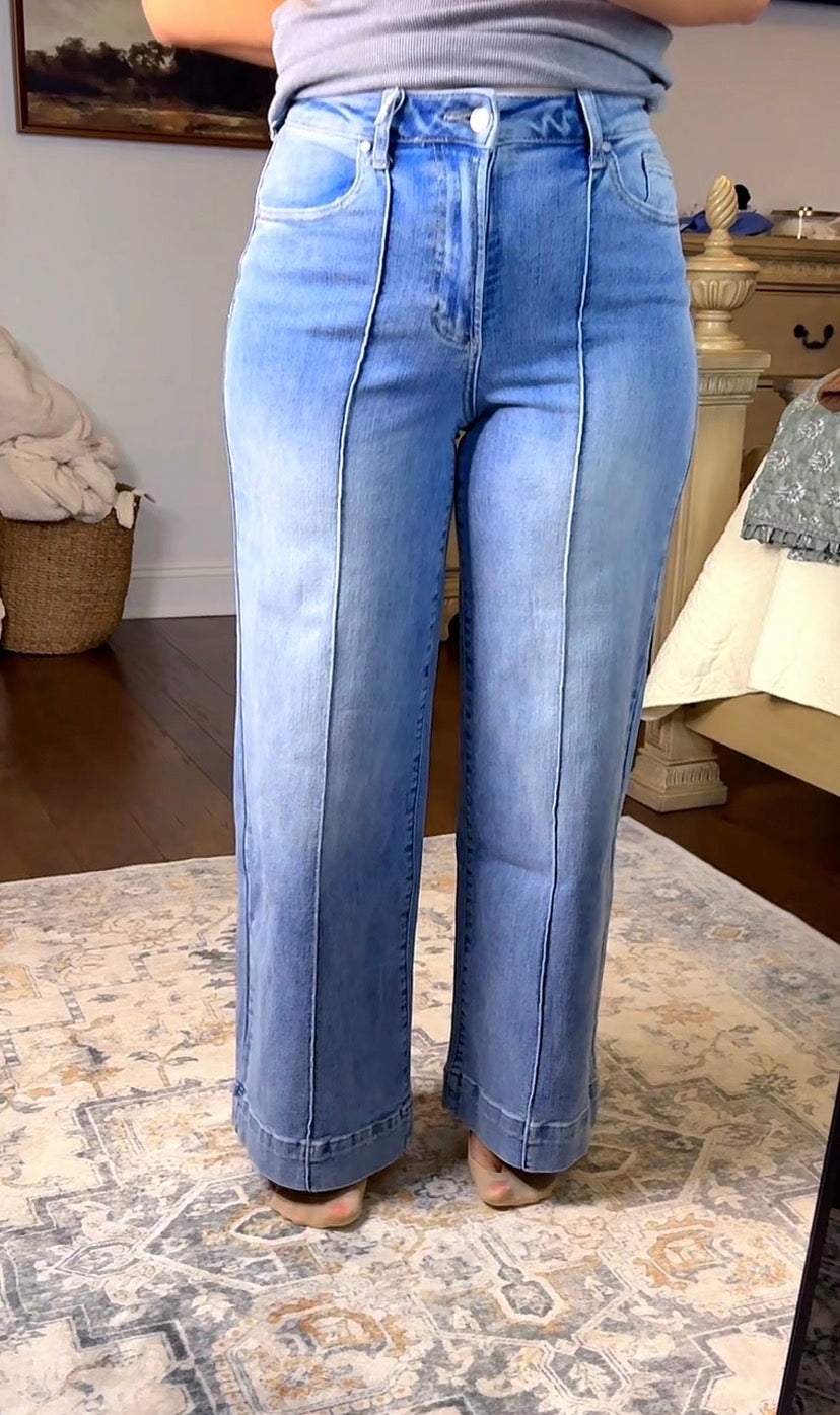 Tummy Control Mid Rise Ankle Wide Flare Jeans