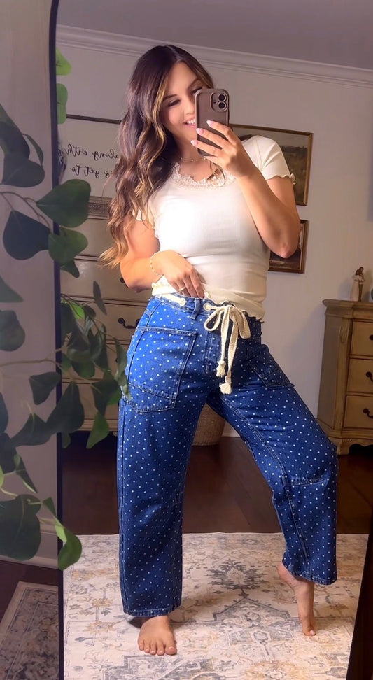 Polka Dot Barrel Denim Pants With Eyelet Waist