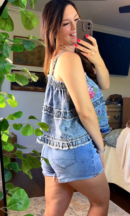 Denim with Floral Embroidery Top