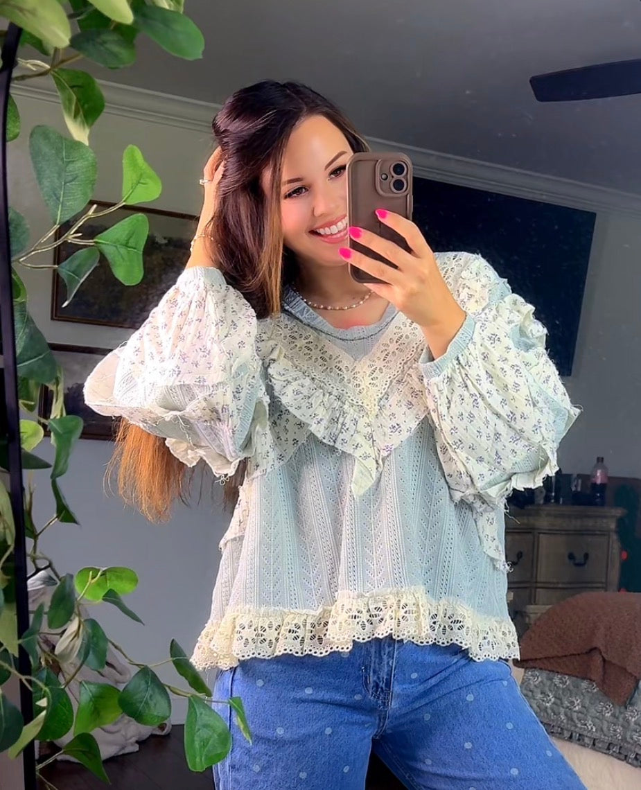 POL Eyelet Embroidery Ruffle Accents Top