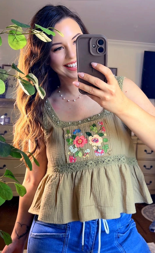 Square Neck Pearl Detail Floral Tank