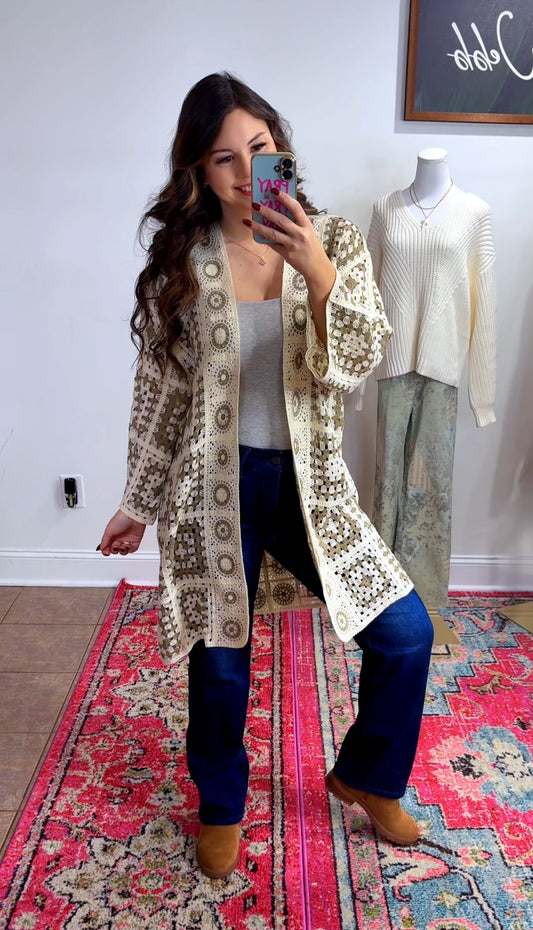 Crochet Knee Length Open Cardigan