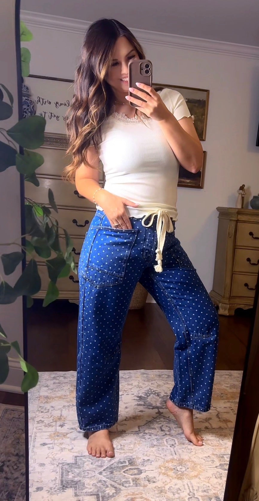 Polka Dot Barrel Denim Pants With Eyelet Waist