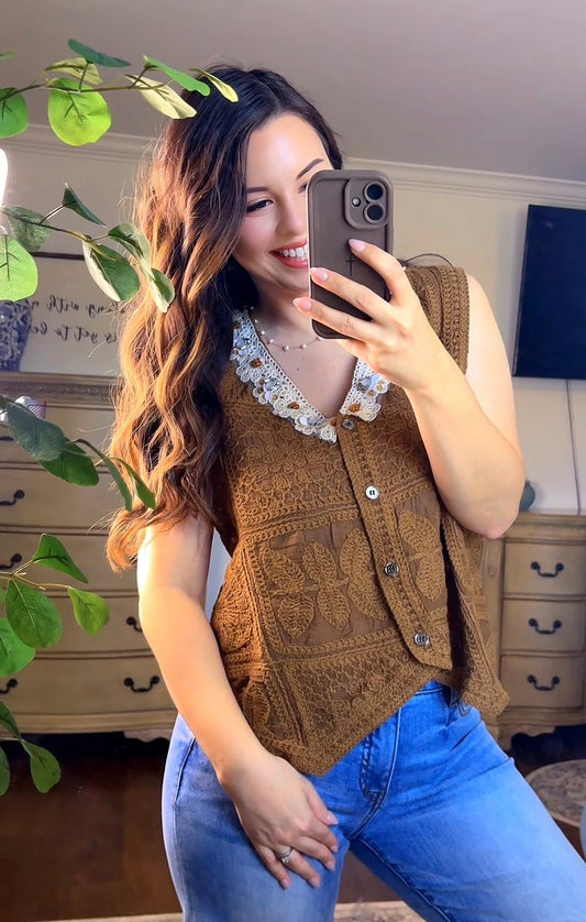 Crochet Floral Button Down Vest